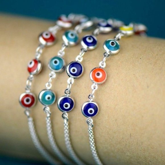 14k Yellow or White Gold Evil Eye 7" Bracelet - Picture 3 of 11